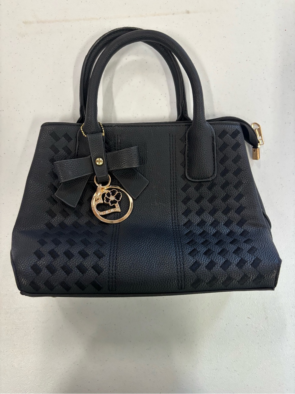 Black Women's Tote Bag with Bow Charm